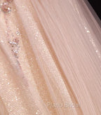 Blush Pink A-Line V-Neck Glitter Tulle With Beaded Long Formal Prom Dresses Adult Ceremony Evening Dresses