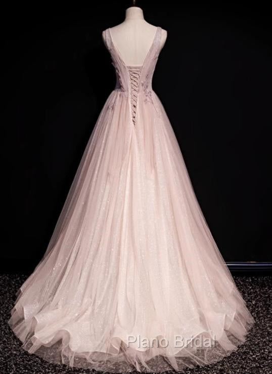Blush Pink A-Line V-Neck Glitter Tulle With Beaded Long Formal Prom Dresses Adult Ceremony Evening Dresses