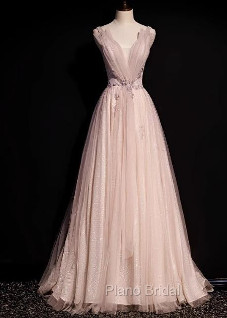 Blush Pink A-Line V-Neck Glitter Tulle With Beaded Long Formal Prom Dresses Adult Ceremony Evening Dresses