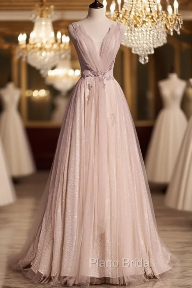 Blush Pink A-Line V-Neck Glitter Tulle With Beaded Long Formal Prom Dresses Adult Ceremony Evening Dresses Main image