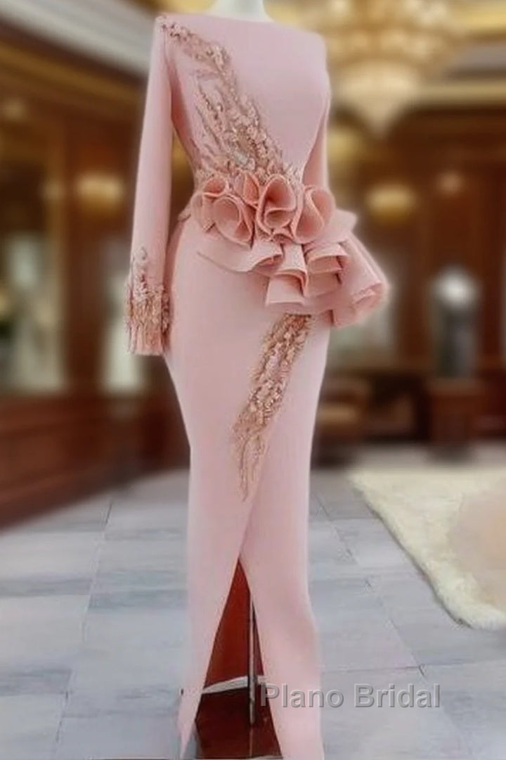 Blush Pink Aso Ebi Evening Dresses Long Sleeves Peplum Beads Appliques Pearls Side Split Mermaid Formal Prom Dresses Main image