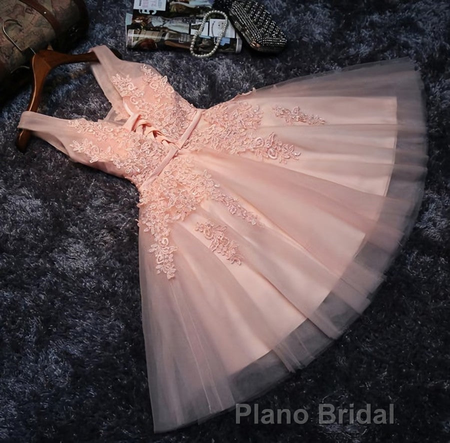 Blush Pink Lace Appliqued Tulle Homecoming Dresses,Prom Dresses