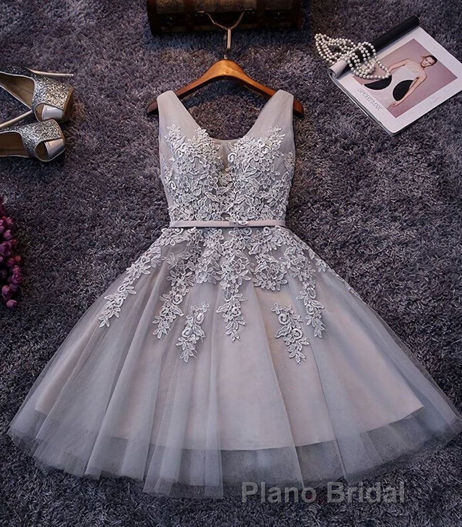 Blush Pink Lace Appliqued Tulle Homecoming Dresses,Prom Dresses
