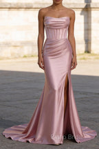 Blush Pink Mermaid Strapless Pleated Corset Long Prom Dress with Slit