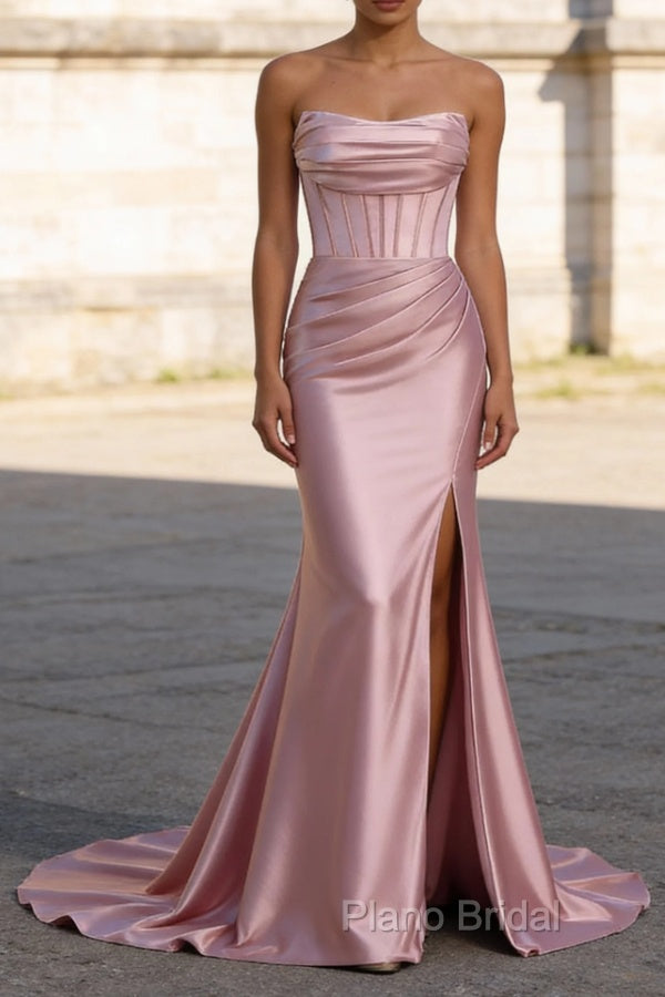 Blush Pink Mermaid Strapless Pleated Corset Long Prom Dress with Slit