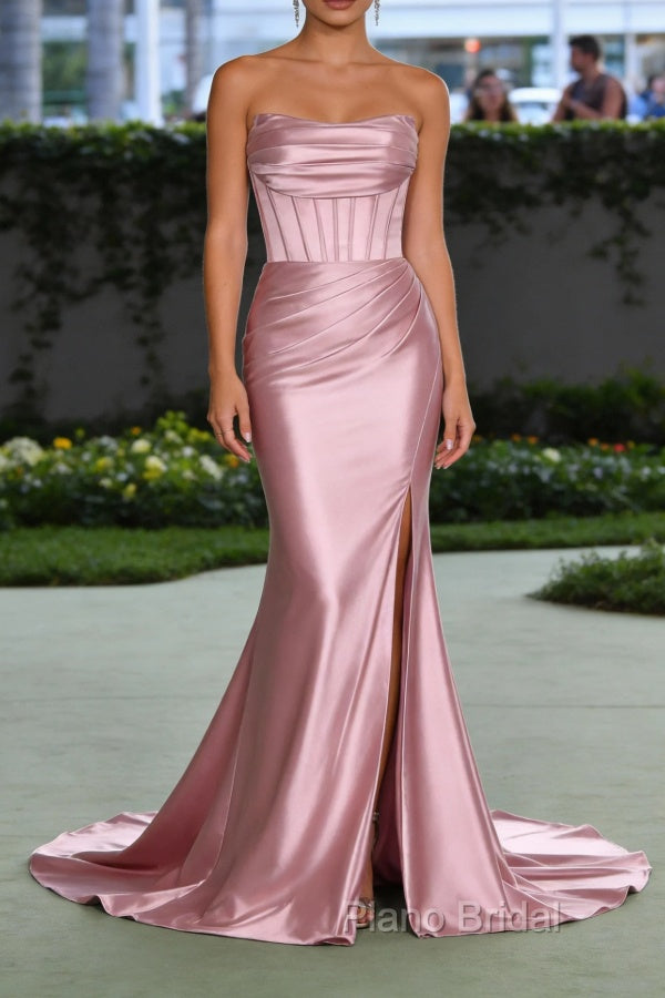 Blush Pink Mermaid Strapless Pleated Corset Long Prom Dress with Slit