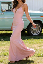 Blush Pink V Neck Spaghetti Straps Long Prom Dress