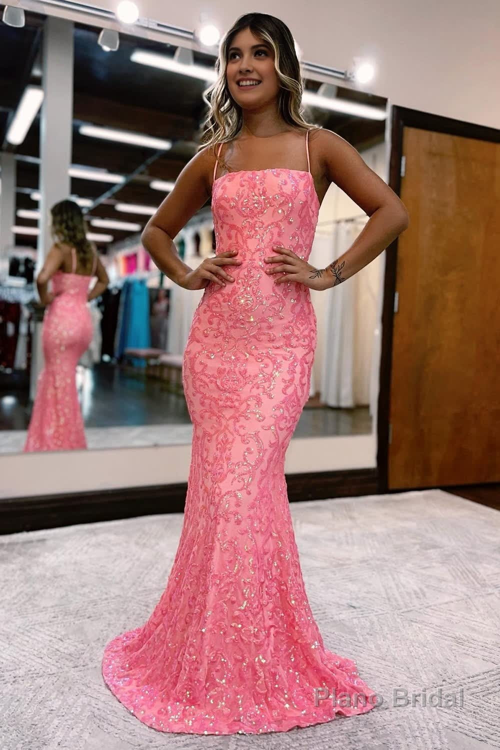 Blush Spaghetti Straps Sequins Mermaid Prom Dress Main image