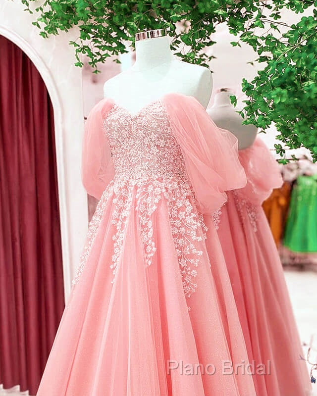 Blush Tulle A-Line Off Shoulder Appliques Dresses Secondary image