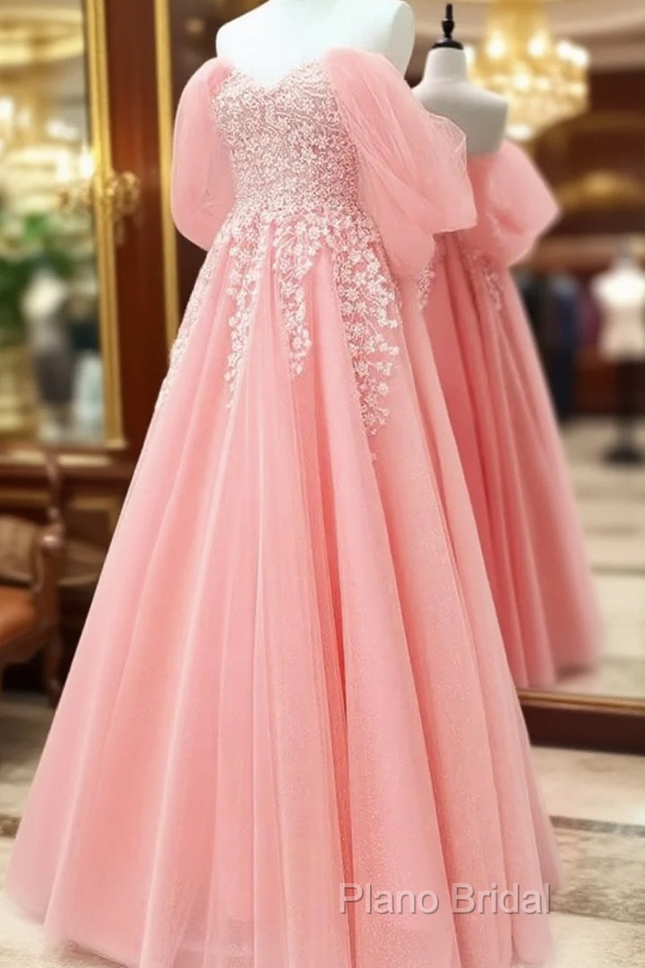 Blush Tulle A-Line Off Shoulder Appliques Dresses
