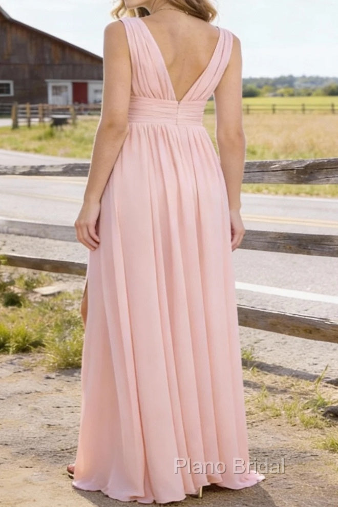 Blush V Neck Chiffon Floor Length Bridesmaid Dresses Long Bridesmaid Dress With Pleated Split Secondary image