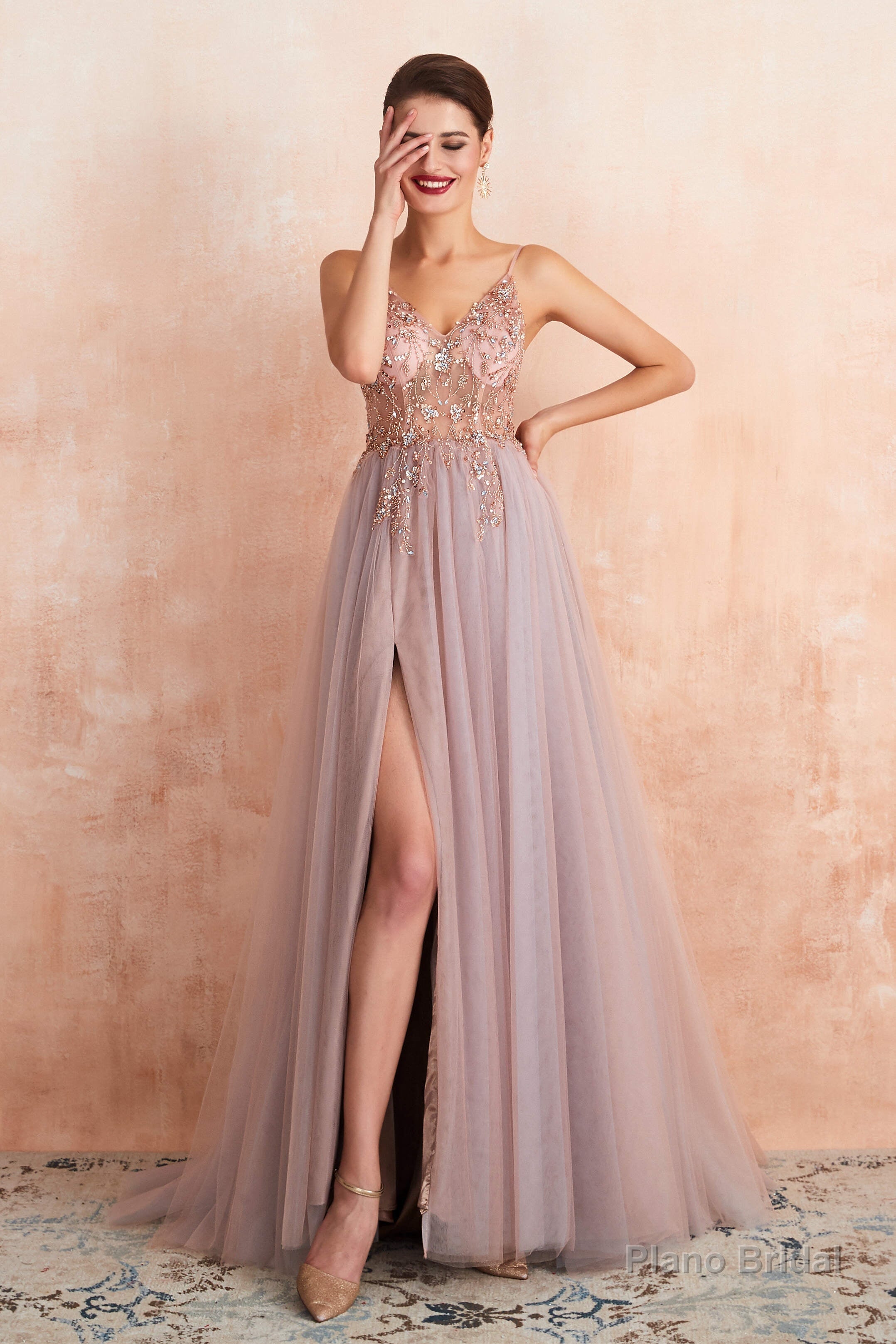 Spaghetti Straps V-neck Sheer Top Tulle Long Prom Dresses with Side Slit Secondary image