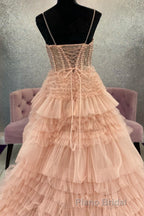 Blushing Pink Tulle Ruffle Layers Lace-Up Back A-Line Formal Prom Dresses