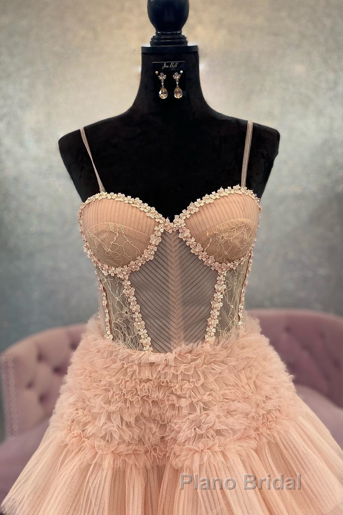 Blushing Pink Tulle Ruffle Layers Lace-Up Back A-Line Formal Prom Dresses