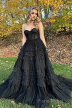 Blushing Pink Tulle Ruffle Layers Lace-Up Back A-Line Formal Prom Dresses
