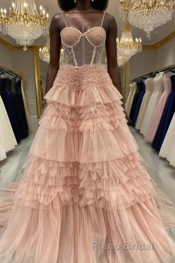 Blushing Pink Tulle Ruffle Layers Lace-Up Back A-Line Formal Prom Dresses Main image