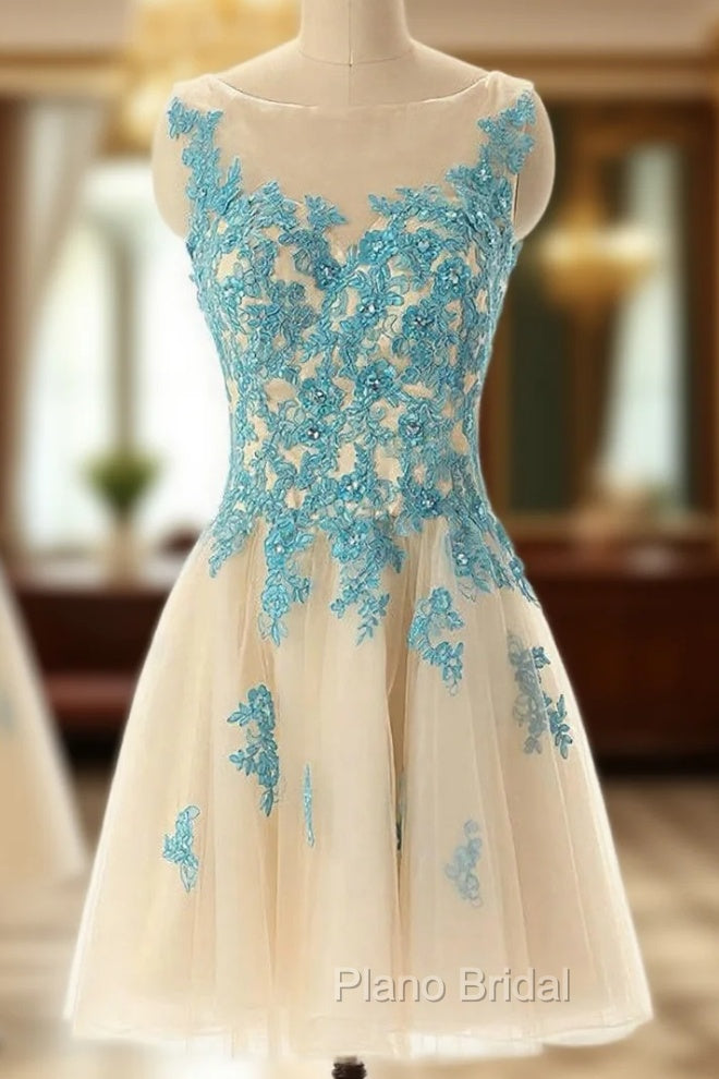 Boat Neck Champagne Tulle Formal Prom Party Dresses with Blue Lace Main image