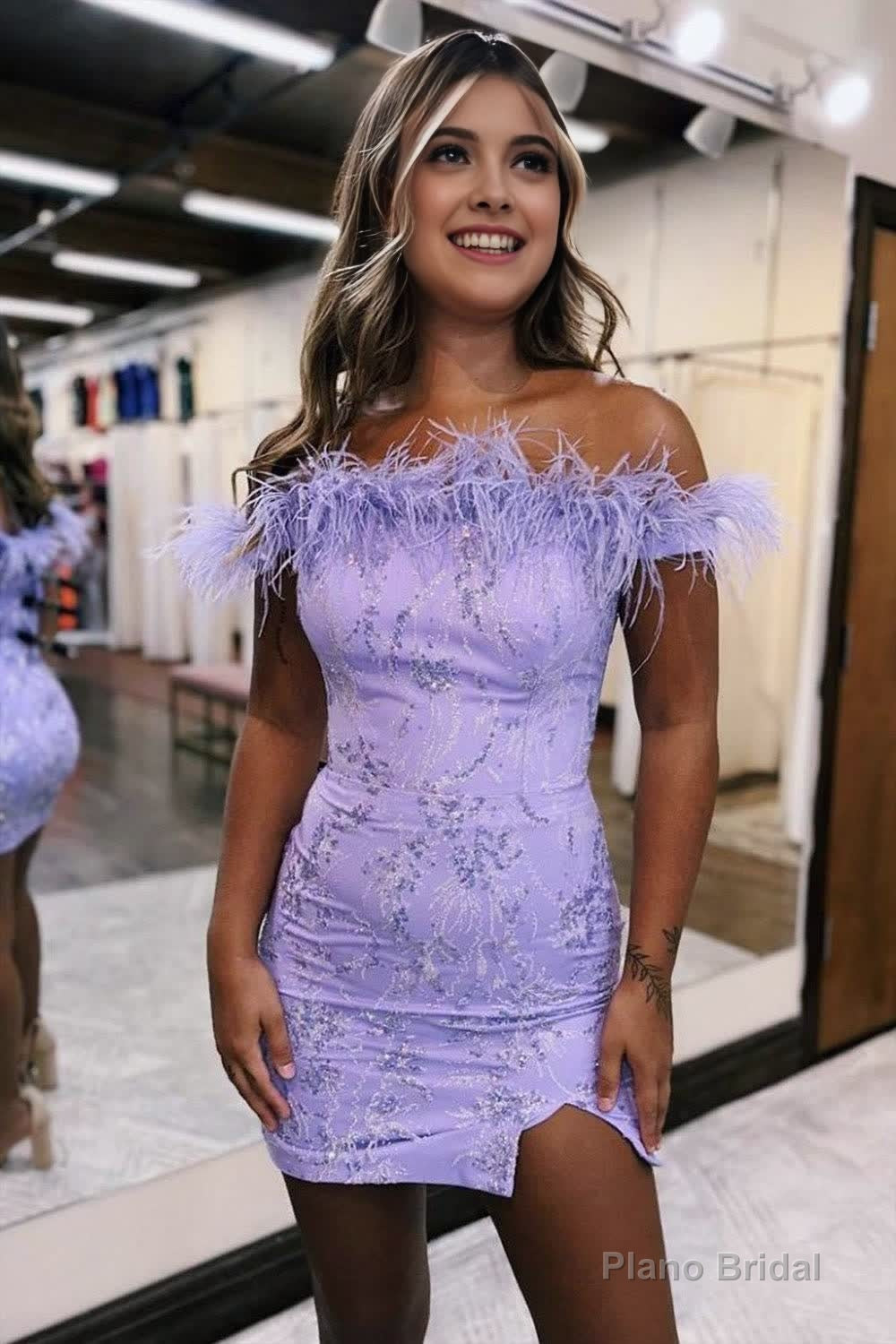 Bodycon Charming Lilac Off The Shoulder Homecoming Dress With Feather Main image