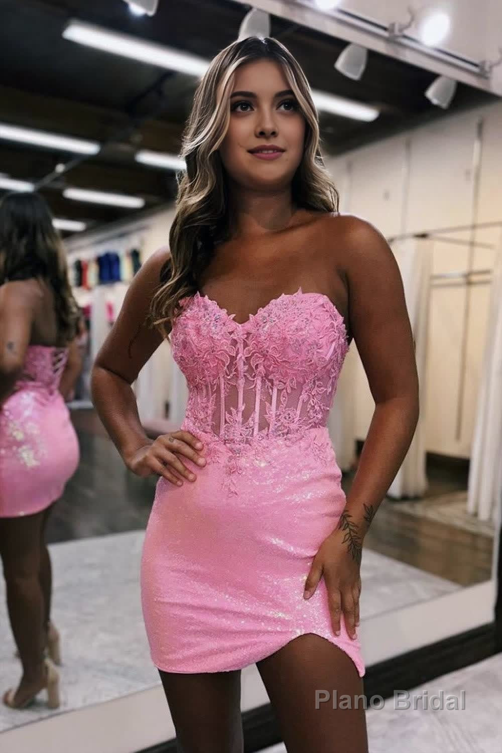 Bodycon Sparkly Sequin Strapless Short Homecoming Dress with Split Main image
