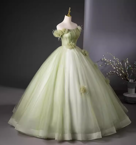 Bohemian Green Strapless Feather Floral Tulle Ball Gown Prom Dresses Sweet 16 Dresses