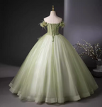 Bohemian Green Strapless Feather Floral Tulle Ball Gown Prom Dresses Sweet 16 Dresses