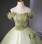 Bohemian Green Strapless Feather Floral Tulle Ball Gown Prom Dresses Sweet 16 Dresses