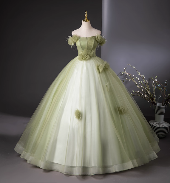 Bohemian Green Strapless Feather Floral Tulle Ball Gown Prom Dresses Sweet 16 Dresses Main image