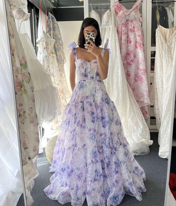 Bow Tie A-Line Chiffon Floral Formal Prom Dresses Main image