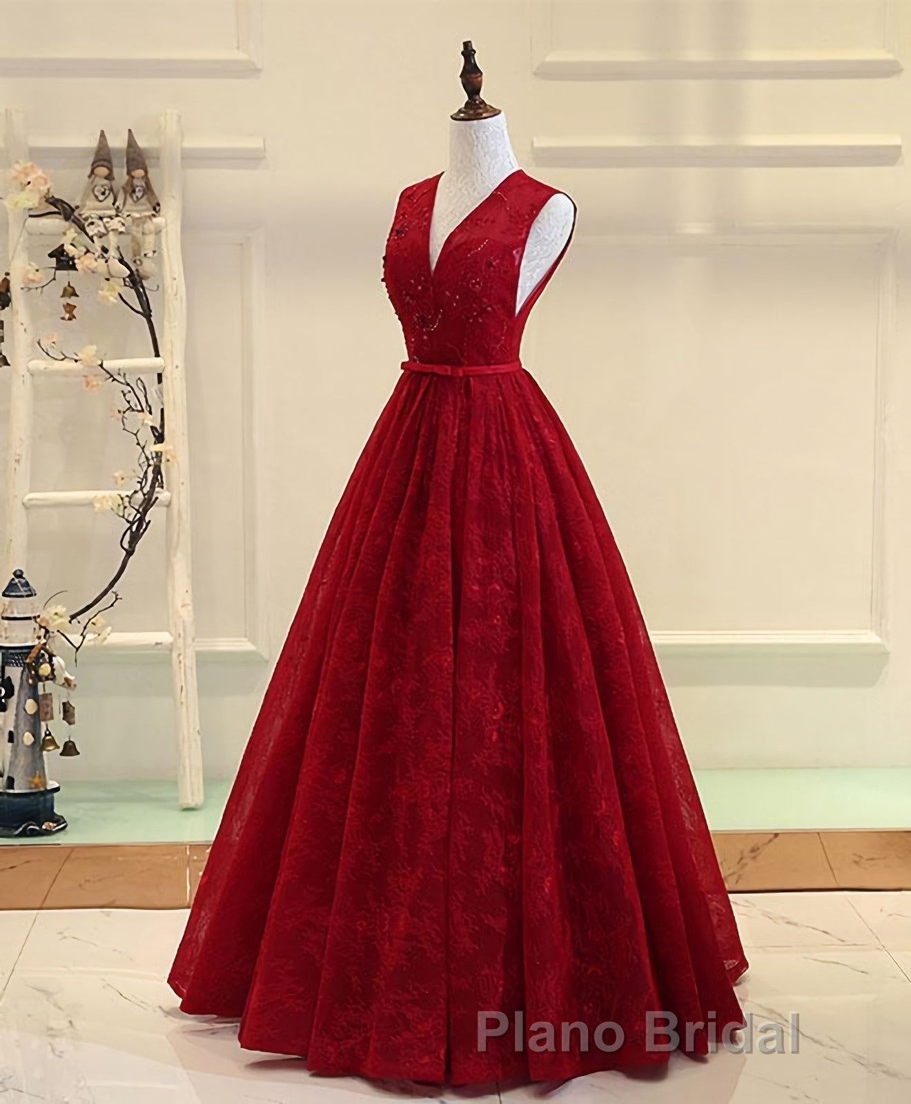 Burgundy V Neck Lace Long Formal Prom Dresses, Burgundy Evening Dresses Secondary image