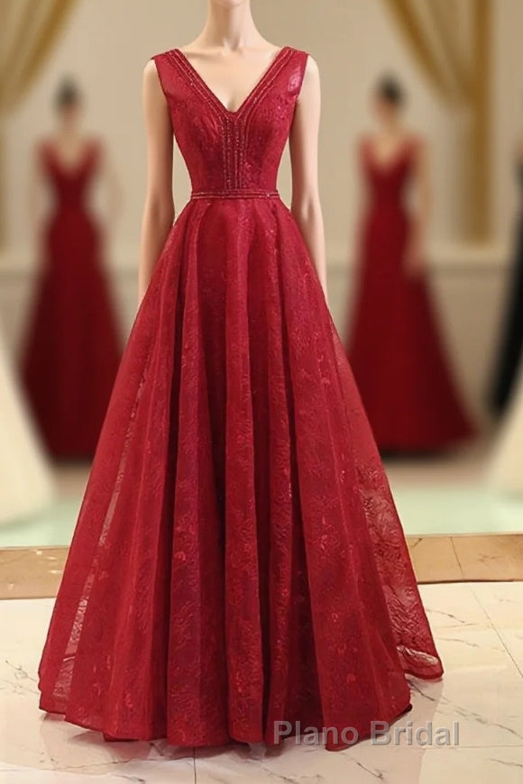 Burgundy V Neck Lace Long Formal Prom Gown Burgundy Evening Dresses Main image