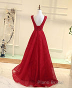 Burgundy V Neck Lace Long Formal Prom Gown Burgundy Evening Dresses