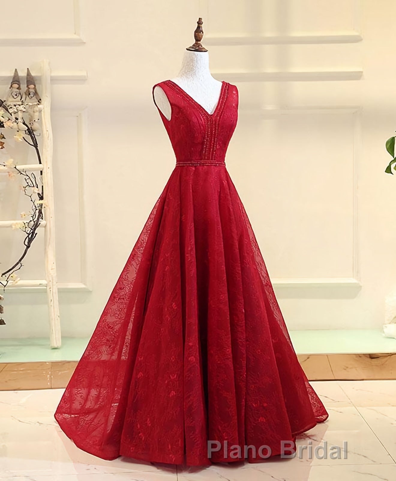 Burgundy V Neck Lace Long Formal Prom Gown Burgundy Evening Dresses Secondary image