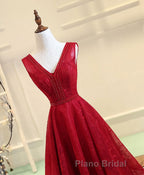 Burgundy V Neck Lace Long Formal Prom Gown Burgundy Evening Dresses
