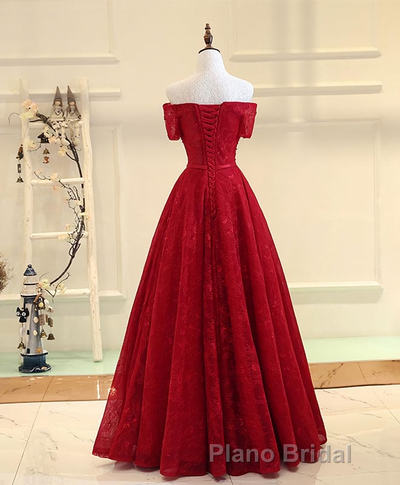 Burgundy a Line Lace Long Formal Prom Dresses, Burgundy Evening Dresses