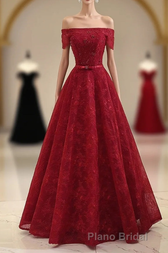 Burgundy a Line Lace Long Formal Prom Dresses, Burgundy Evening Dresses Main image