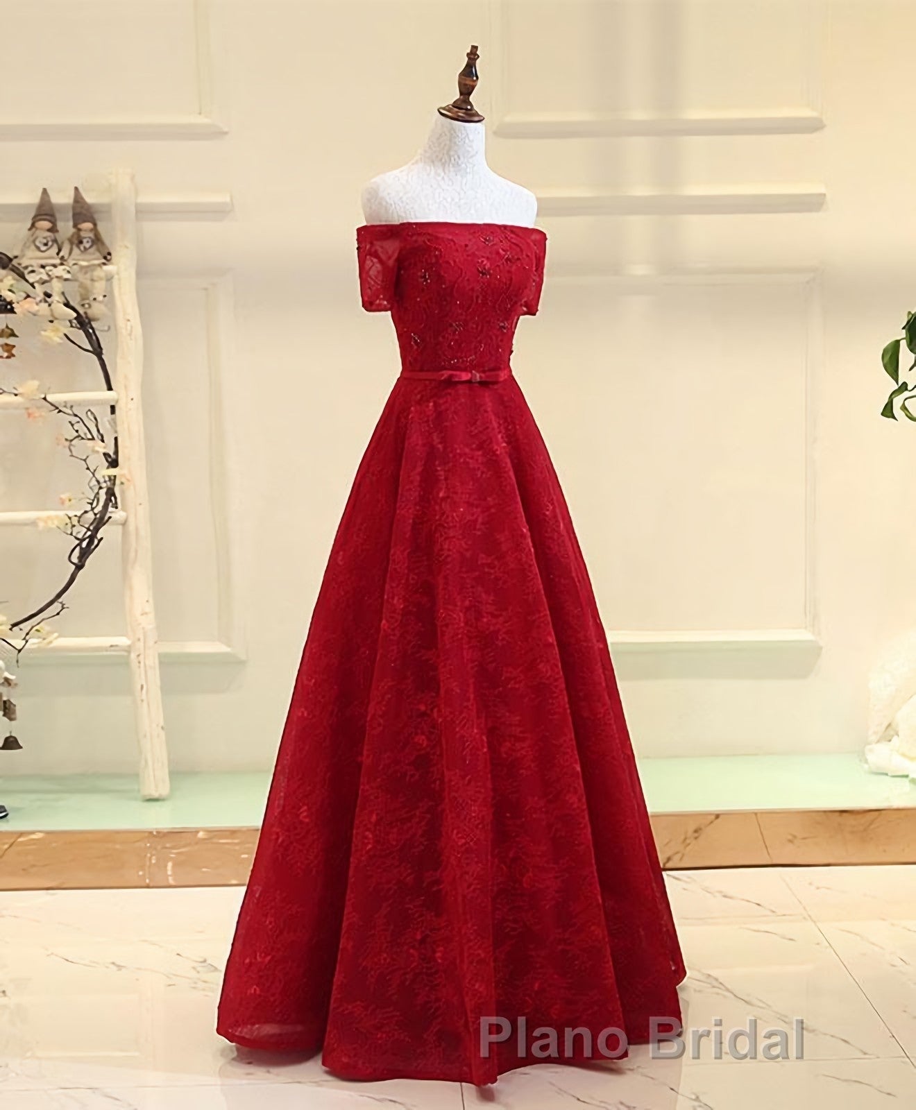 Burgundy a Line Lace Long Formal Prom Dresses, Burgundy Evening Dresses Secondary image