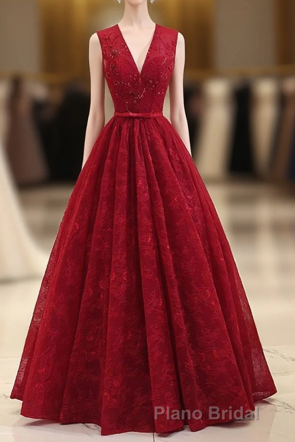 Burgundy V Neck Lace Long Formal Prom Dresses, Burgundy Evening Dresses