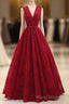 Burgundy V Neck Lace Long Formal Prom Dresses, Burgundy Evening Dresses
