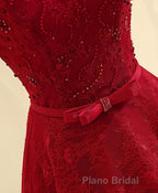 Burgundy a Line Lace Long Formal Prom Dresses, Burgundy Evening Dresses