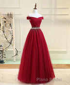 Burgundy Tulle Off Shoulder Long Formal Prom Dresses, Burgundy Evening Dresses