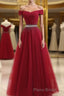 Burgundy Tulle Off Shoulder Long Formal Prom Dresses, Burgundy Evening Dresses