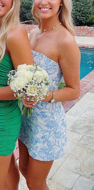 Bravo Floral Print Homecoming Dresses Strapless Mini Party Gown,