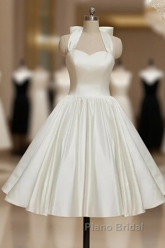 Bridal Shower Little White Dresses Wedding Dresses Tea Length A-Line Sleeveless Halter Satin With Bow(S) Pleats Main image