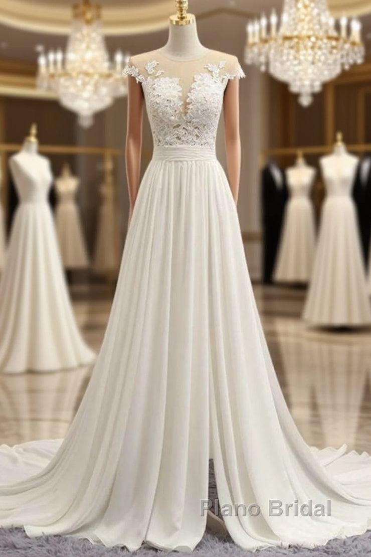 Front Slit Appliques Chiffon A-line Wedding Dress