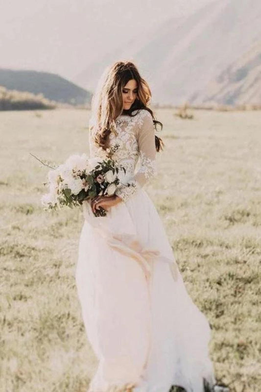 Long Sleeve Lace Floor Length Boho Wedding Dresses Main image