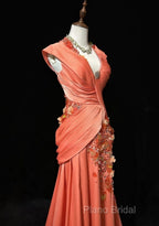 Bright Orange Mermaid V-Neck Satin Beaded Long Formal Prom Dresses Sequined Formal Gown