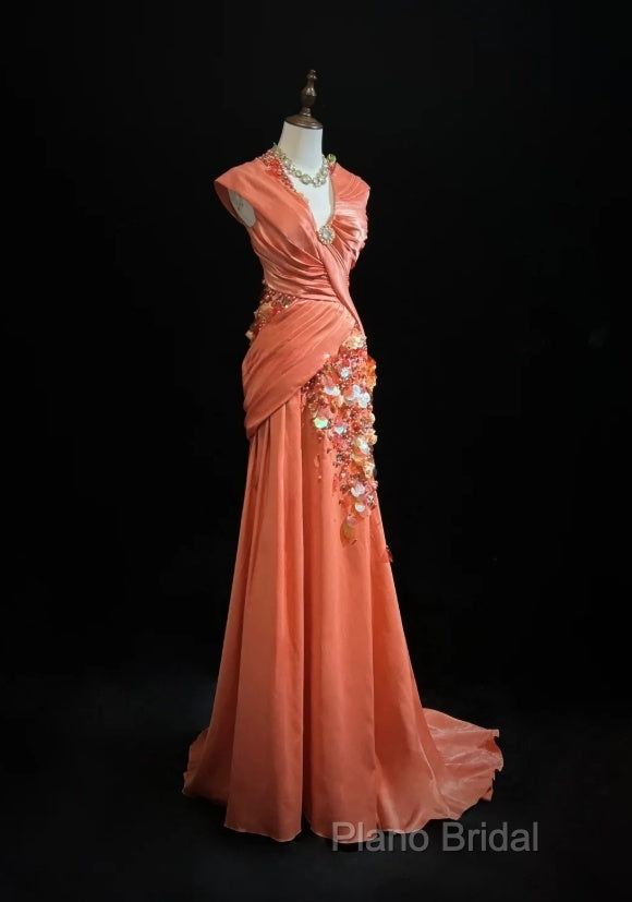 Bright Orange Mermaid V-Neck Satin Beaded Long Formal Prom Dresses Sequined Formal Gown