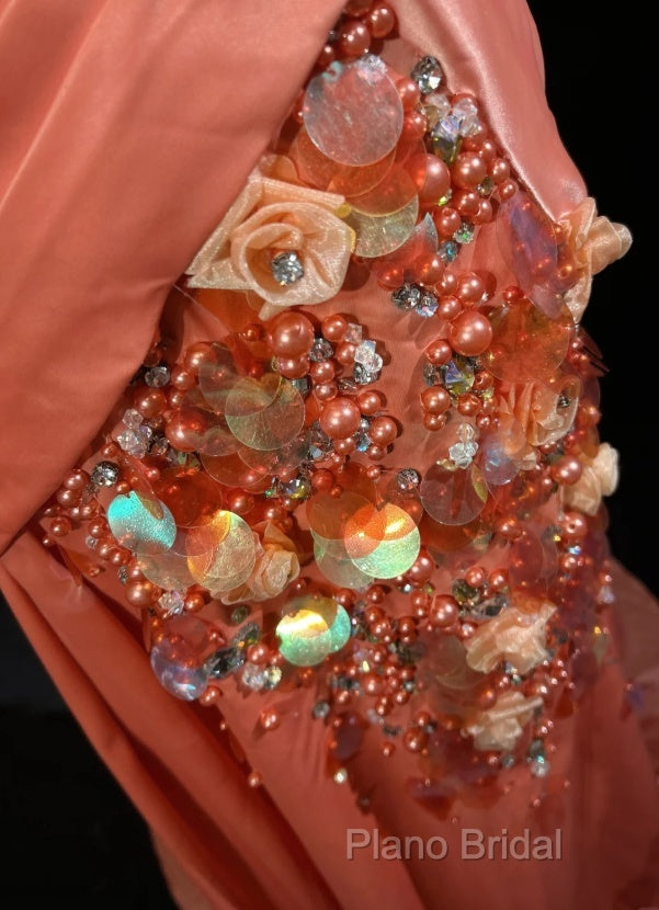 Bright Orange Mermaid V-Neck Satin Beaded Long Formal Prom Dresses Sequined Formal Gown