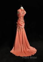 Bright Orange Mermaid V-Neck Satin Beaded Long Formal Prom Dresses Sequined Formal Gown