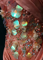 Bright Orange Mermaid V-Neck Satin Beaded Long Formal Prom Dresses Sequined Formal Gown
